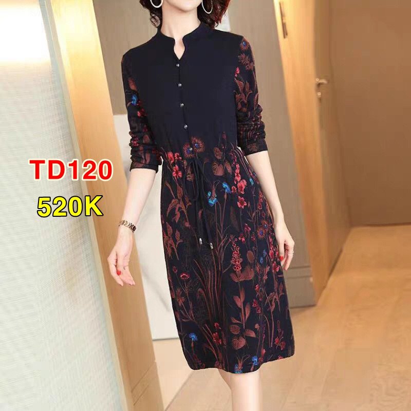 Đầm Len Phối Hoa Rút Eo - TD120